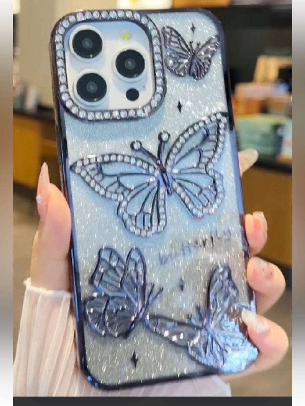 Glitter Butterfly Phone Case for 15 Pro - Silver and blue